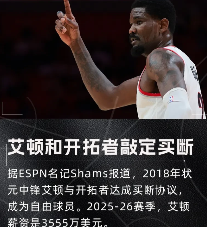 杨瀚森机会来了，根据名记Sham报道，开拓者和自己的首发中锋艾顿买断了艾顿即将成