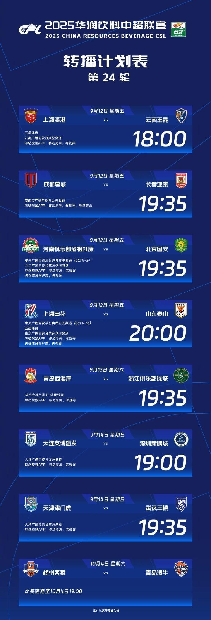 中超第24轮明日开赛！
12号共计4场比赛，其中央视转播其中的两场，尤其是收到关