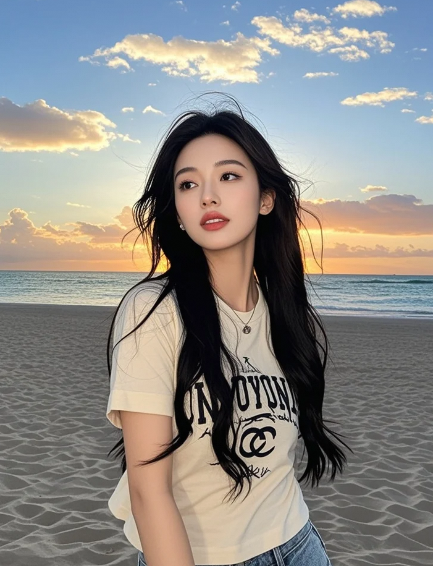 蓝天为幕，白云作伴，她身着简约T恤，以亲和笑容点亮了整片金色海岸线