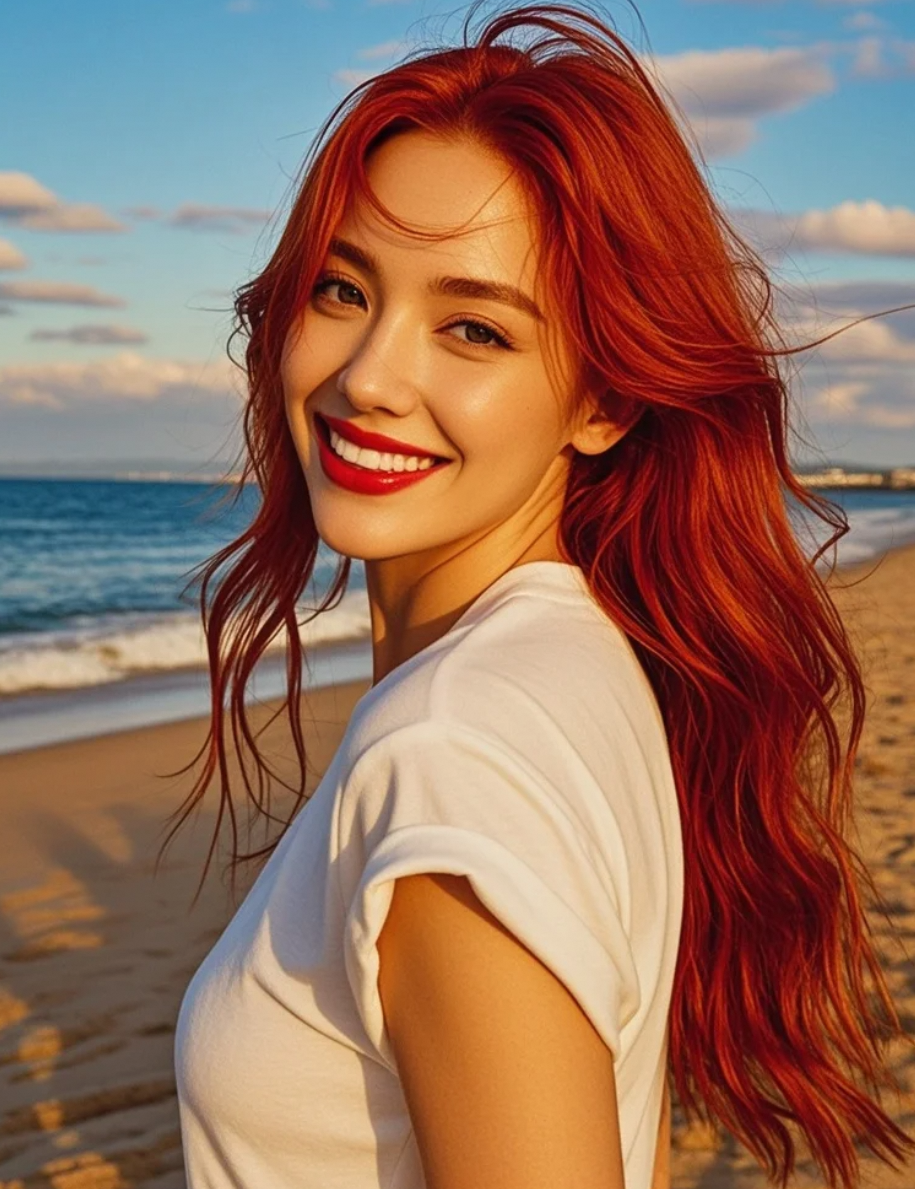 夕阳把她的头发投影在沙滩上，变成摇曳的海葵触须