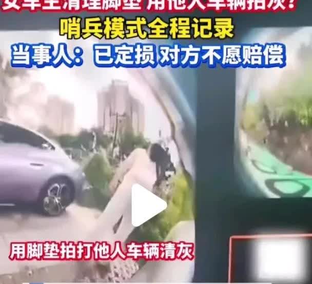 太不自觉了！海南一女子清理脚垫，用别人的车当清灰工具，拍打脚垫，这个过程被哨兵模