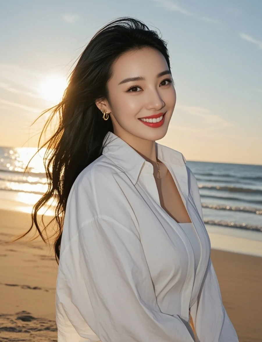 她的长发在风中舒展，如同拥抱整个大海