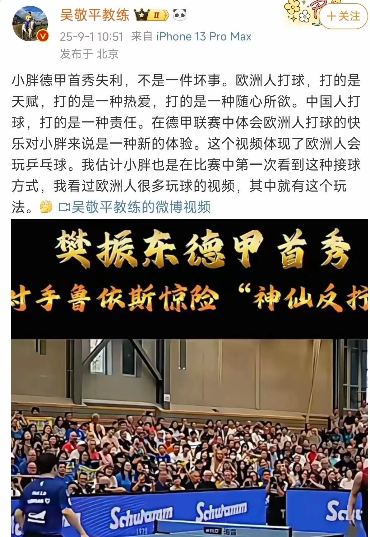 樊振东德甲打球，可把吴敬平忙坏了。
樊振东德甲首秀失利，吴敬平发文不是坏事。在德