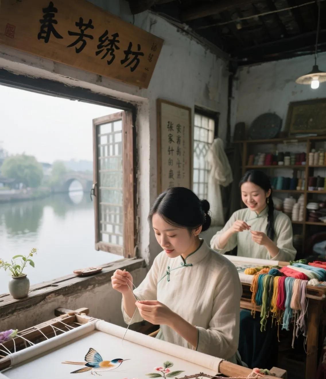 古典雅室，双姝共绘松鹤，月下织就温情在余杭城外水气氤氲的运河畔，坐落着小小的“春