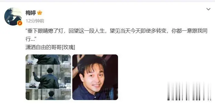 2025年4月2日讯，女演员梅婷在社交平台上发旧照缅怀张国荣，梅婷配文说到：“垂