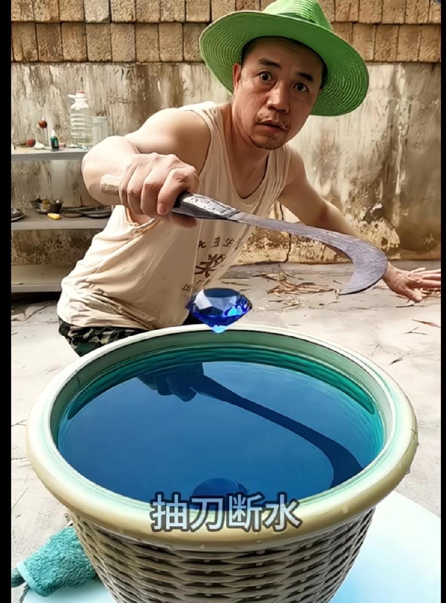 看老汉表演绝活——抽刀断水！当一颗钻石平稳地落入水缸，立刻溅起一圈儿水花，当一圈