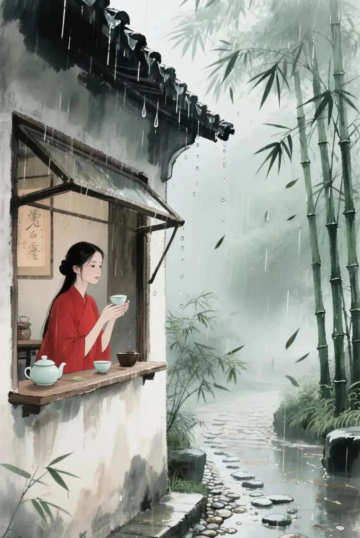 雨下的淅淅沥沥
打在竹叶上 
竹叶随它一起飘落
这竹林小道满是雨水的痕迹
像一面