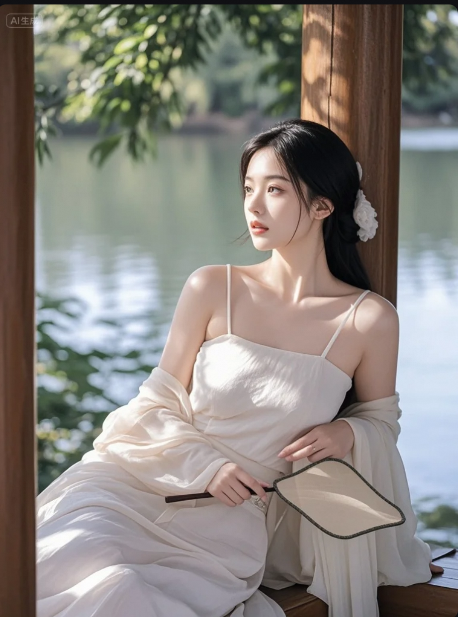她站在湖边，像一首被风吹散的词