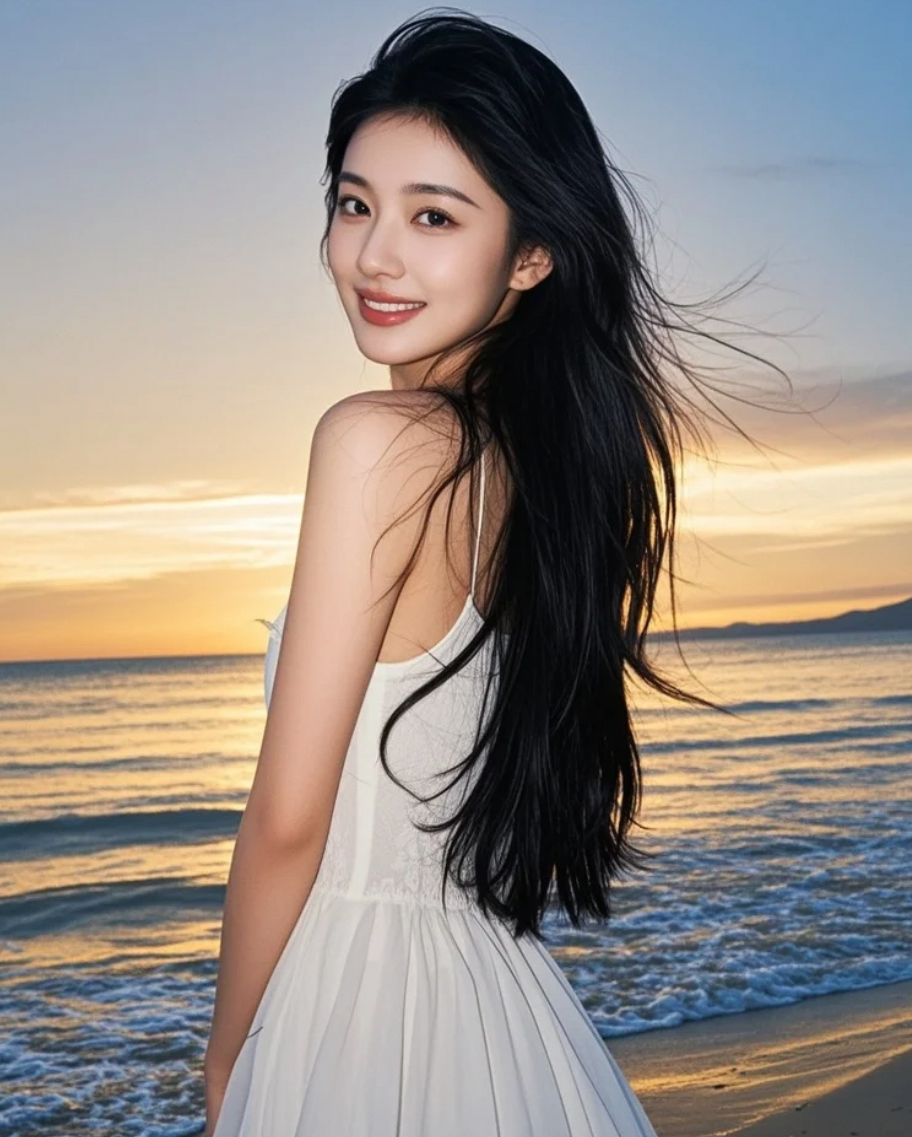晚风中的沙滩，长发女孩的笑容如诗般宁静优美