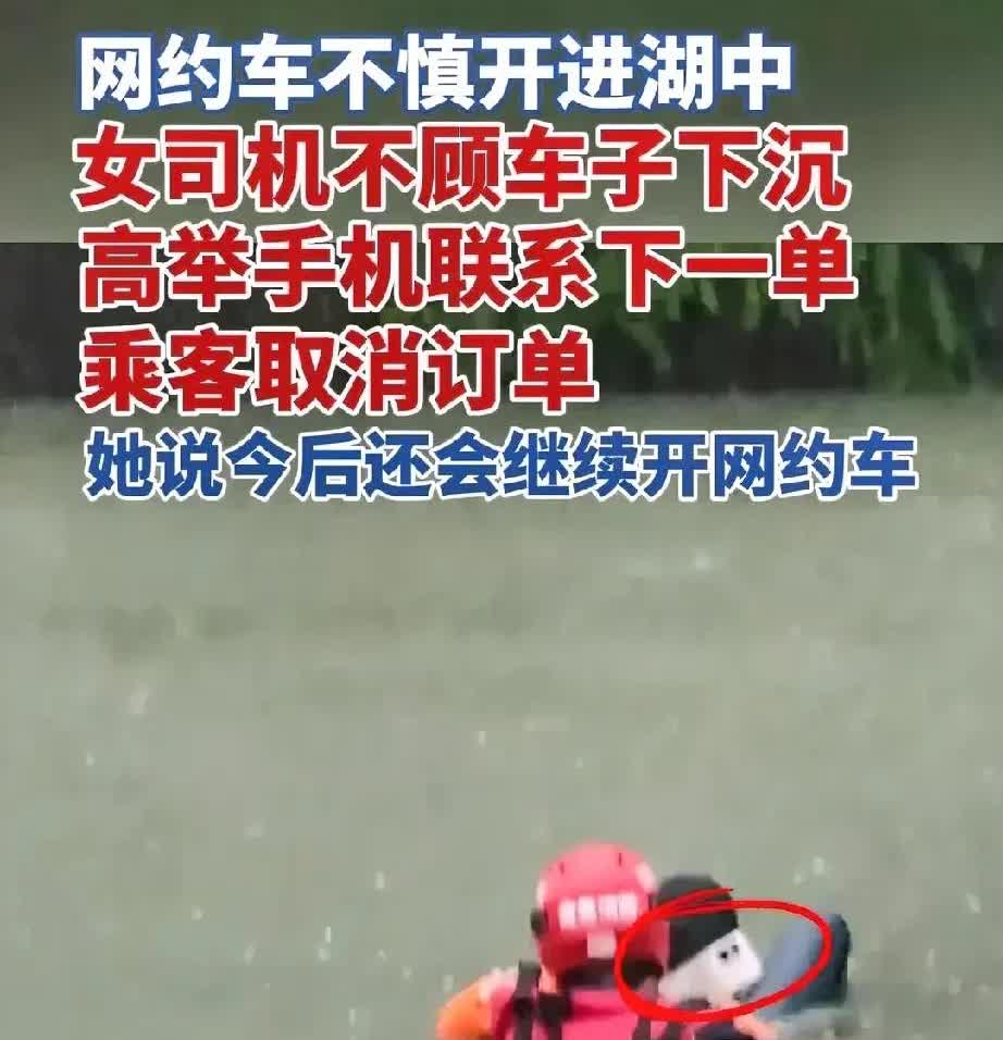 看哭了！近日，一网约车女司机，因为暴雨天气，造成视线严重受影响，不慎将车开进了湖