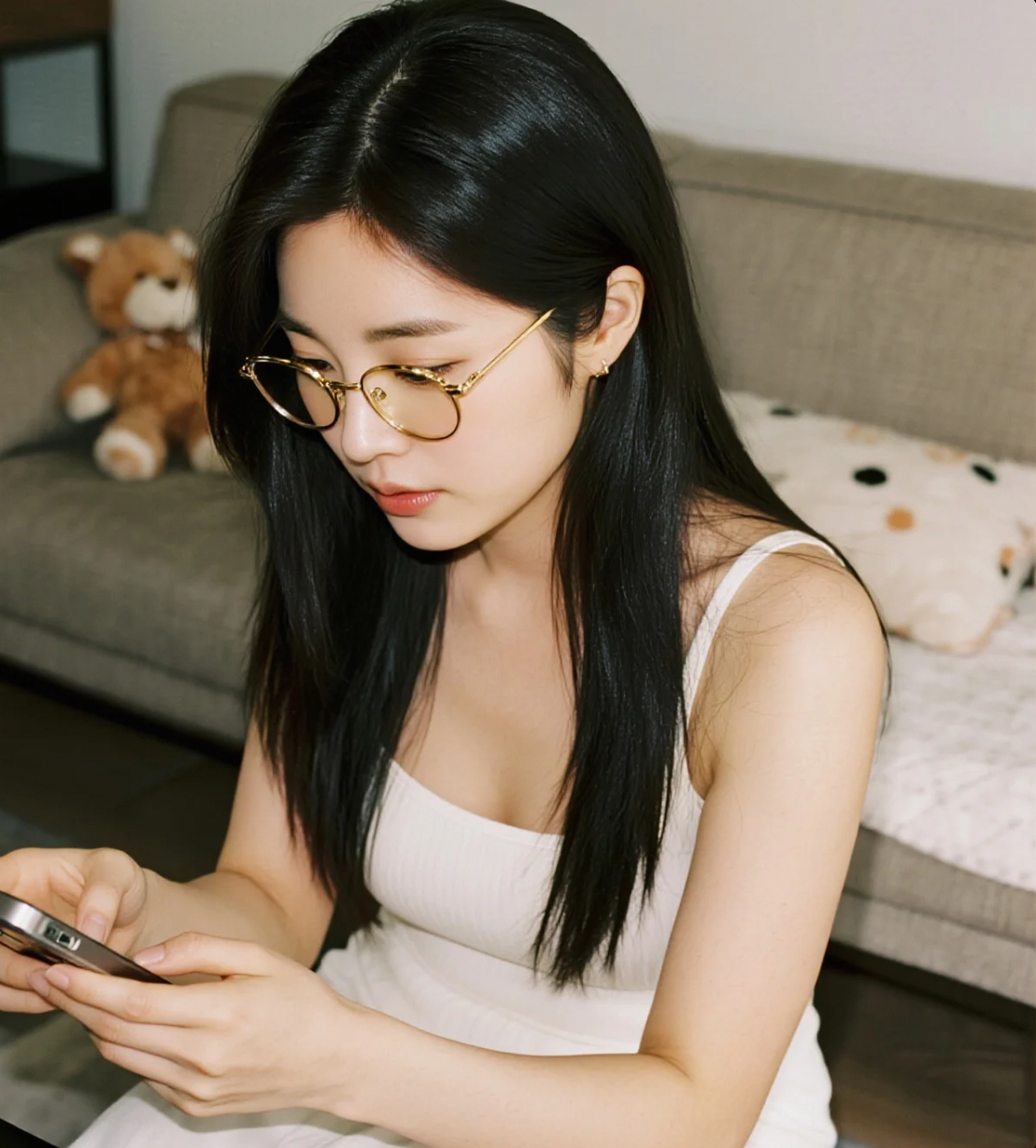 小绵熊的依偎：记录沙发上小姐姐的放松与纯真瞬间