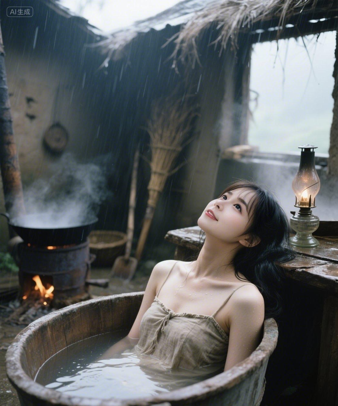 出嫁前的姑娘
屋外细雨落纷纷，木盆水暖雾气深。
油灯微光轻轻晃，思绪悠悠念良人。