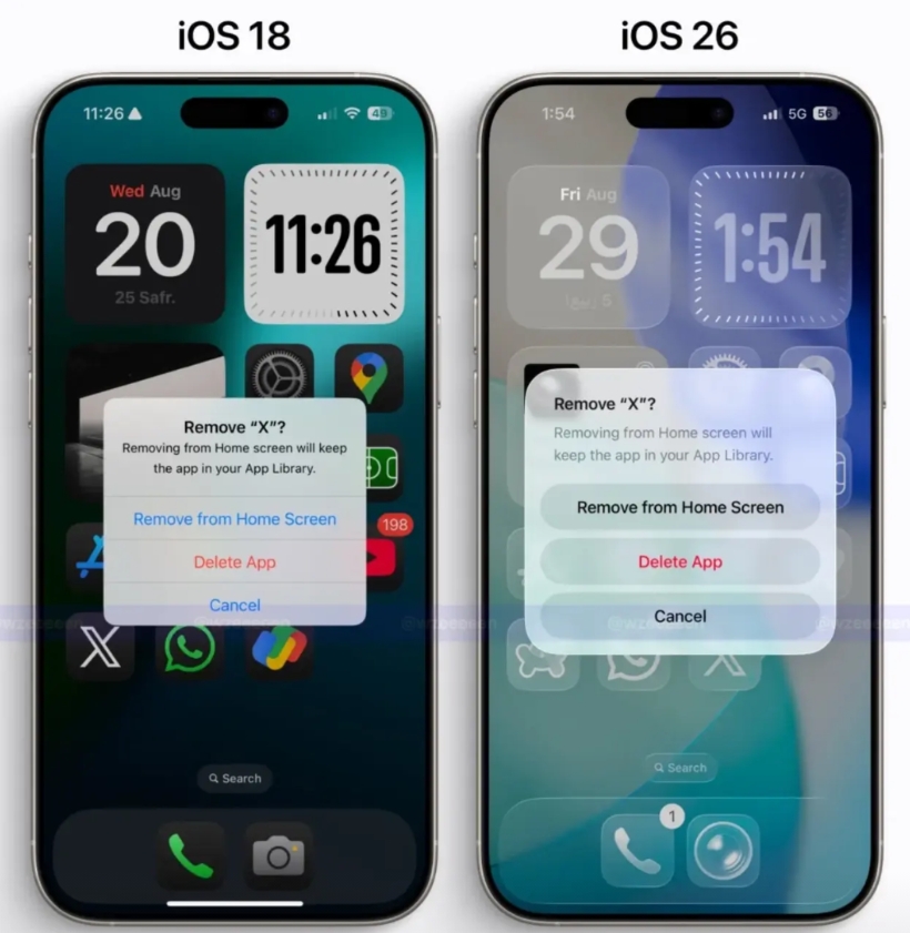 苹果iOS18到26的界面变化，在整体UI中除了升级了液态玻璃之外，AI 能力、