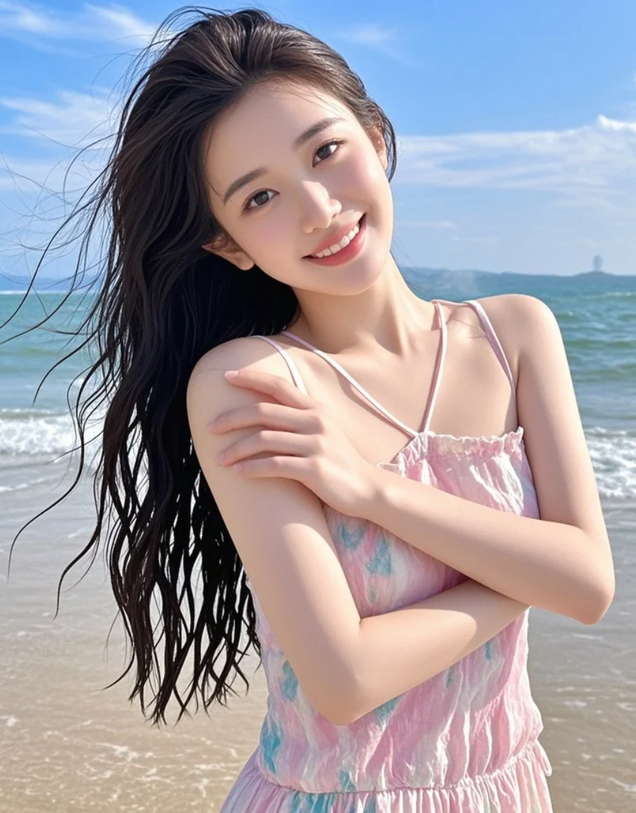 沙滩上的长发女孩展现着青春洋溢的魅力