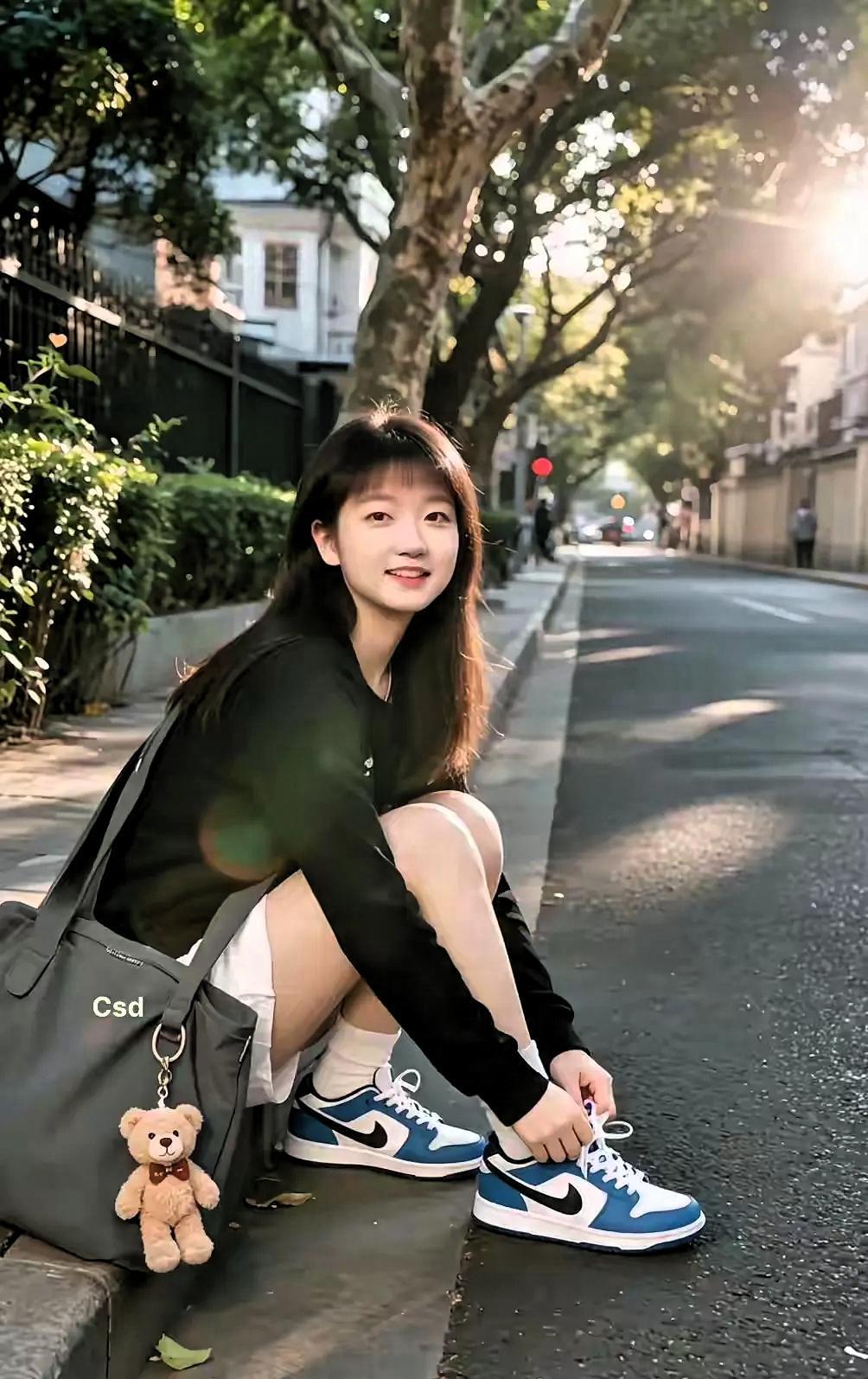 这是莎莎退役后的样子吧！
一个人坐在那里，长发飘飘，斜背着灰色的包，包上挂着个黄