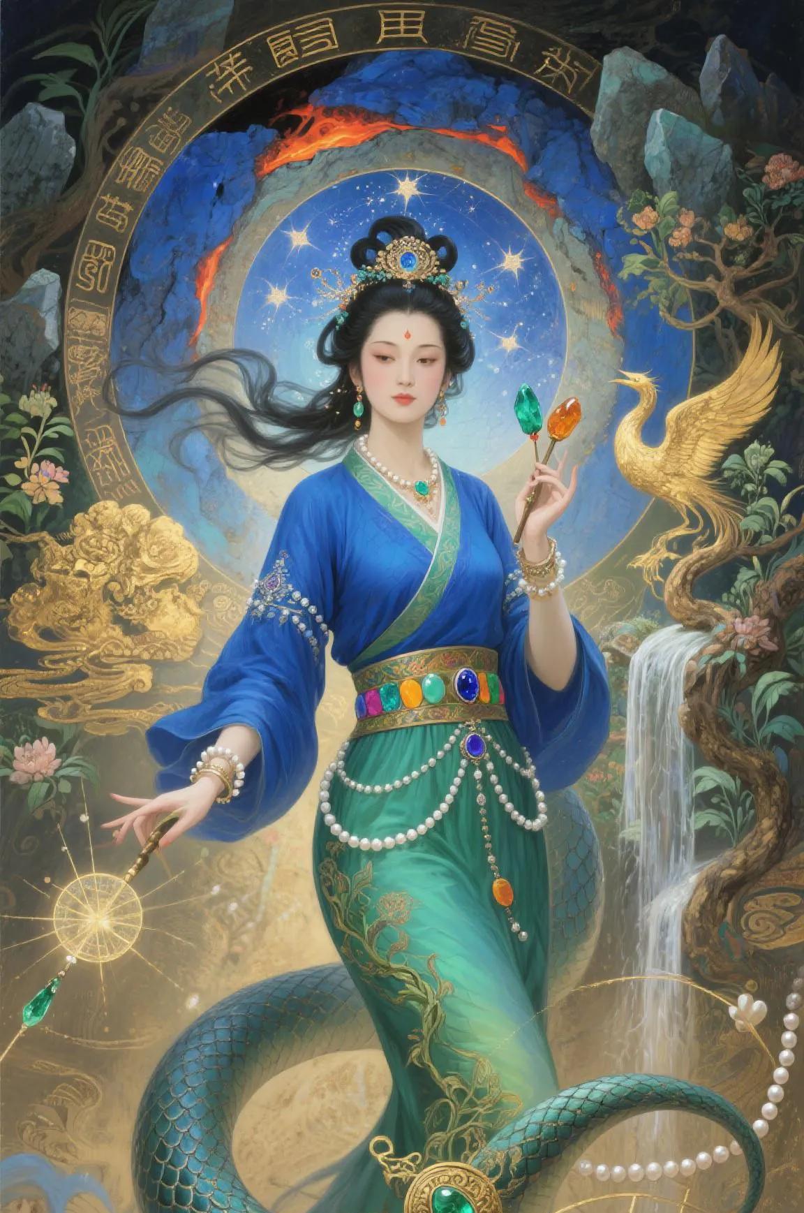 女娲娘娘神通广，人身蛇尾放光芒。炼石补天灾祸挡，福泽万民岁月长。
青蓝绿衣真漂亮