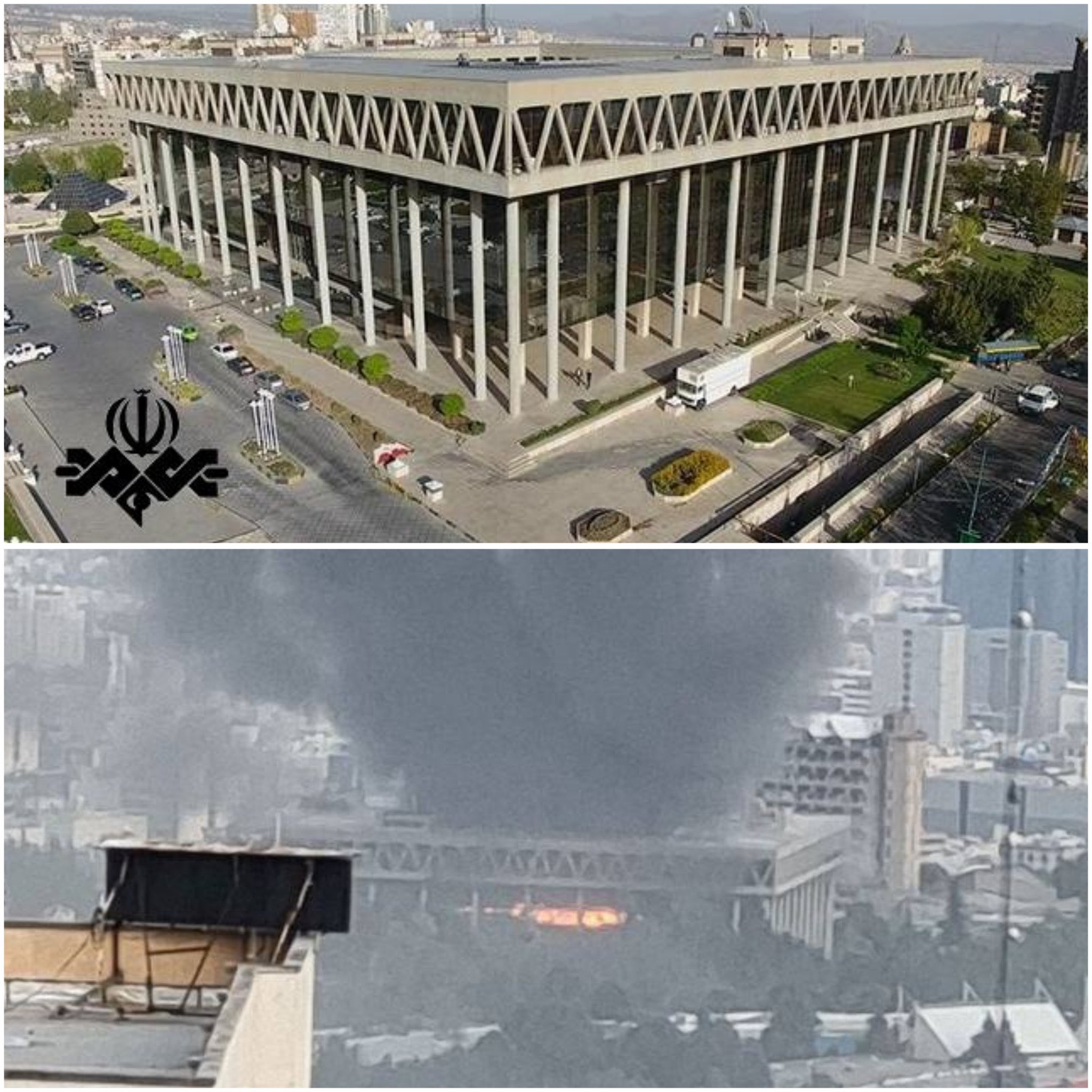 曾经矗立的伊朗伊斯兰共和国广播电视台（IRIB）大楼如今沦为冒着浓烟的废墟，这些