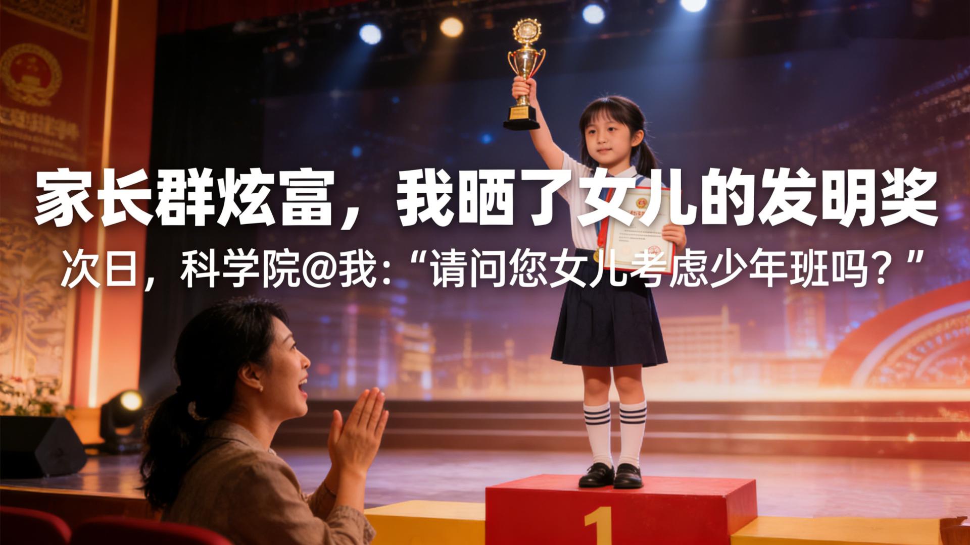 家长群炫富，我晒了女儿的发明奖。次日，科学院@我：“请问您女儿考虑少年班吗？”