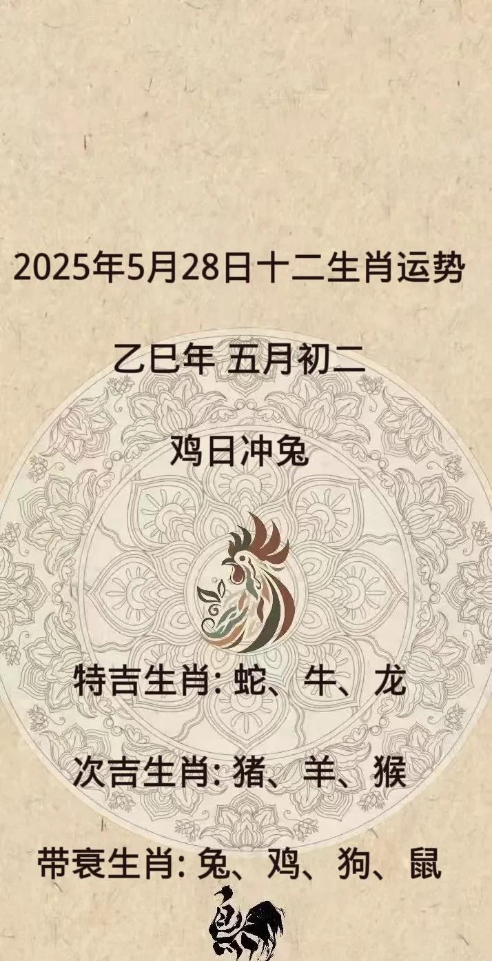 2025年5月28日十二生肖运势
乙巳年 五月初二
鸡日冲兔
特吉生肖: 蛇、牛