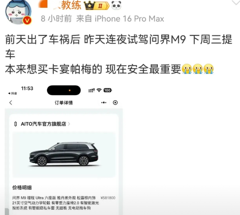 某大V出事故，就立马下定华为问界M9，安全太重要了。俗话说“人教人教不会，事教人