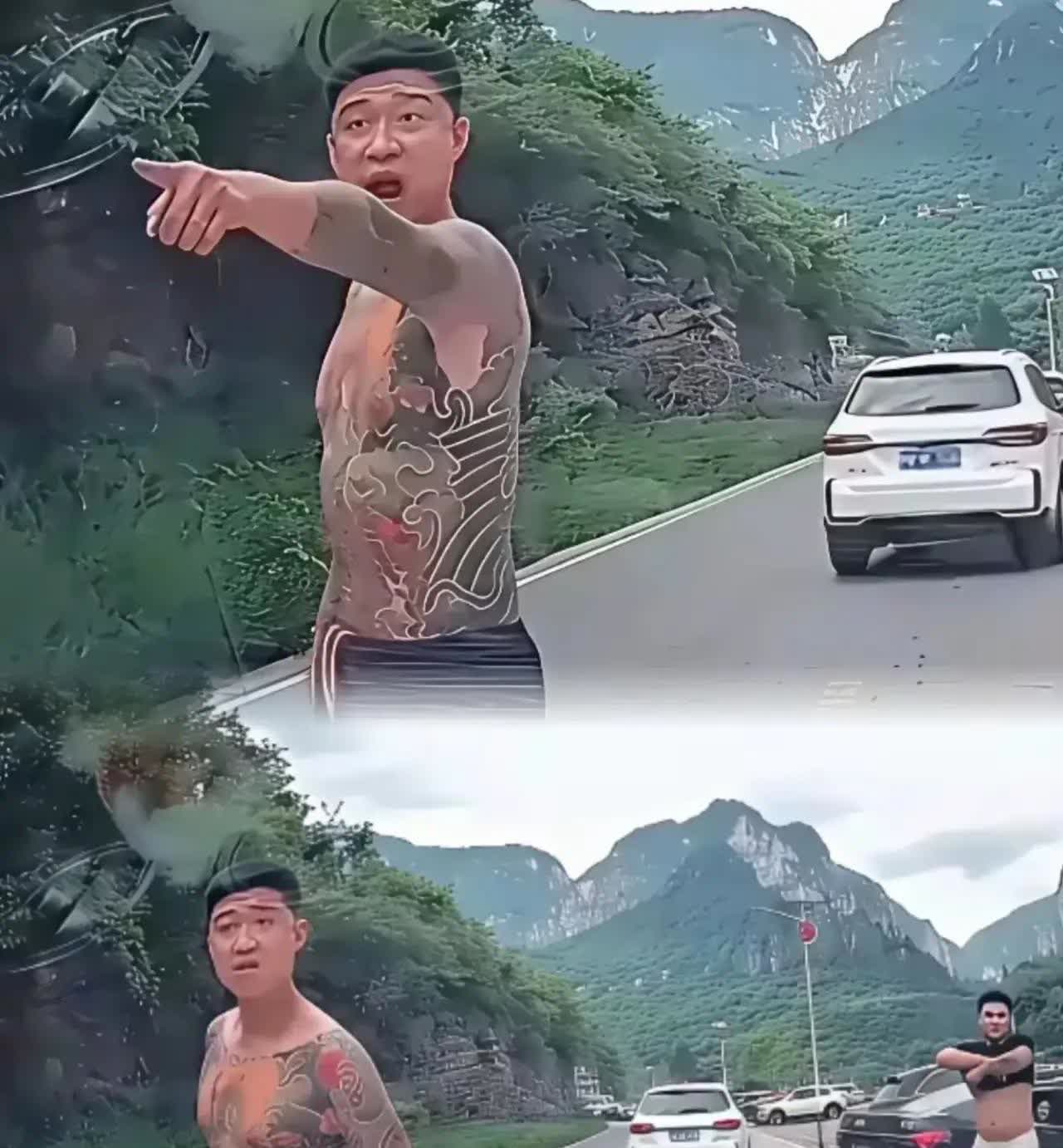 超车失败，再次强行超车！
“晋城纹身男”脱衣亮纹身！

无牌奥迪车强行加塞