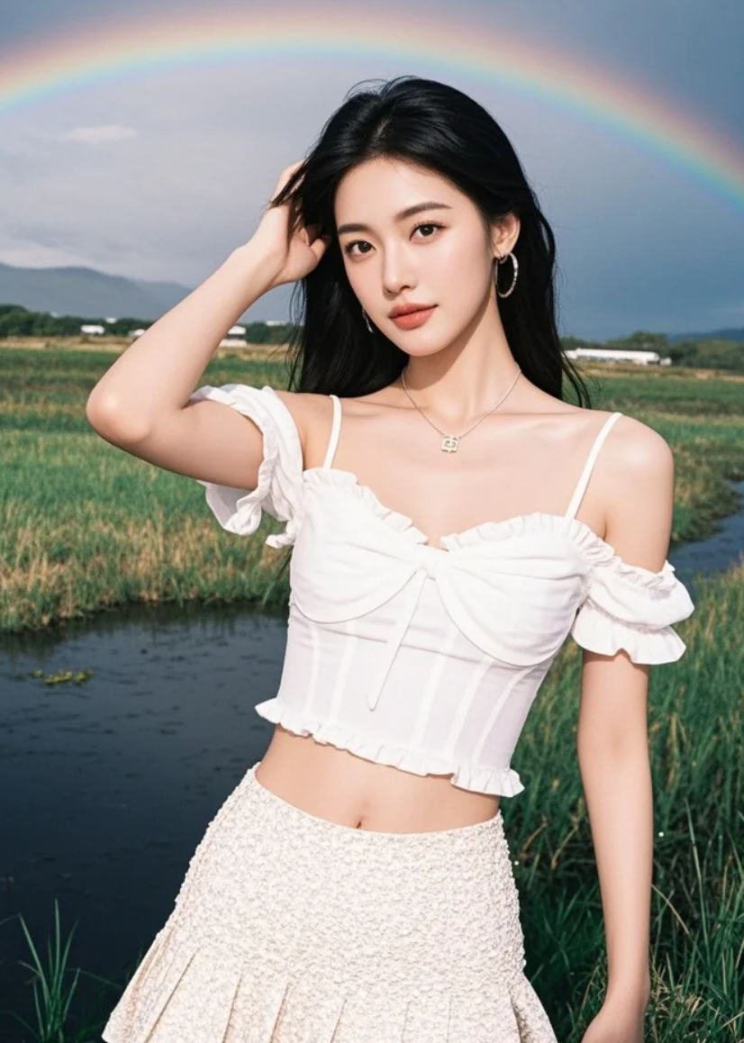 虹桥横卧，她静立如画，任雨后的风拂过发丝，带走所有阴霾。