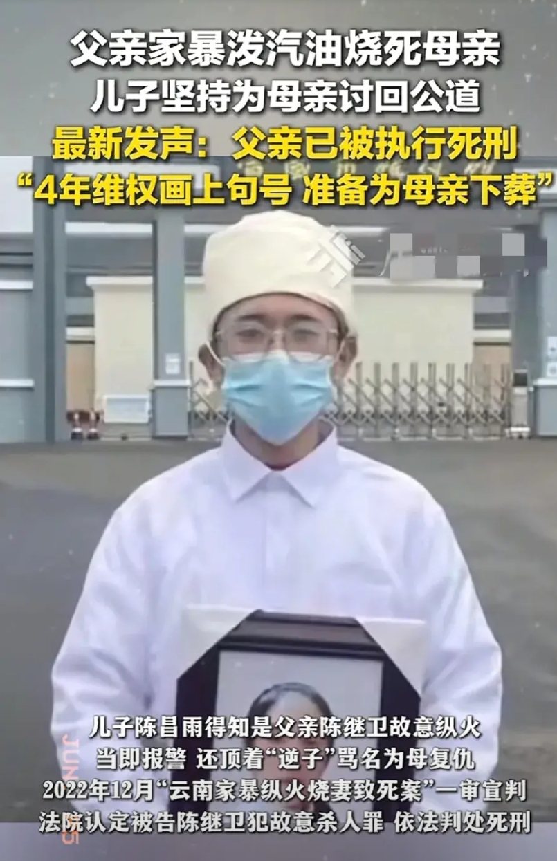 原谅父亲是母亲的事，他要做的是送父亲去见母亲。
他父亲因家庭琐事用汽油泼向母亲，
