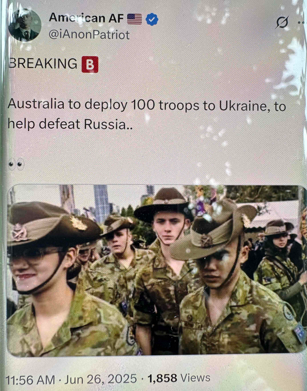 突发新闻！澳大利亚将派遣100名士兵前往乌克兰，以帮助击败俄罗斯。