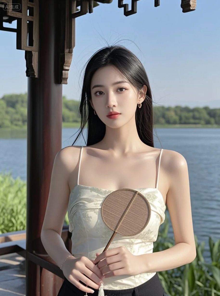 她站在湖边，像一场未醒的梦