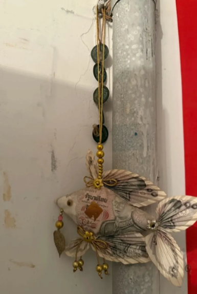 邻居最近在装修，挂了个这个，鱼头朝向是我们家，上面看着都是钱币之类的，这到底是个
