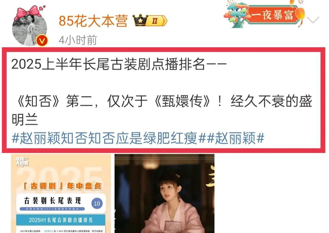 好消息，恭喜由赵丽颖主演的电视剧《知否知否应是绿肥红瘦》登上长尾古装剧排名榜啦！