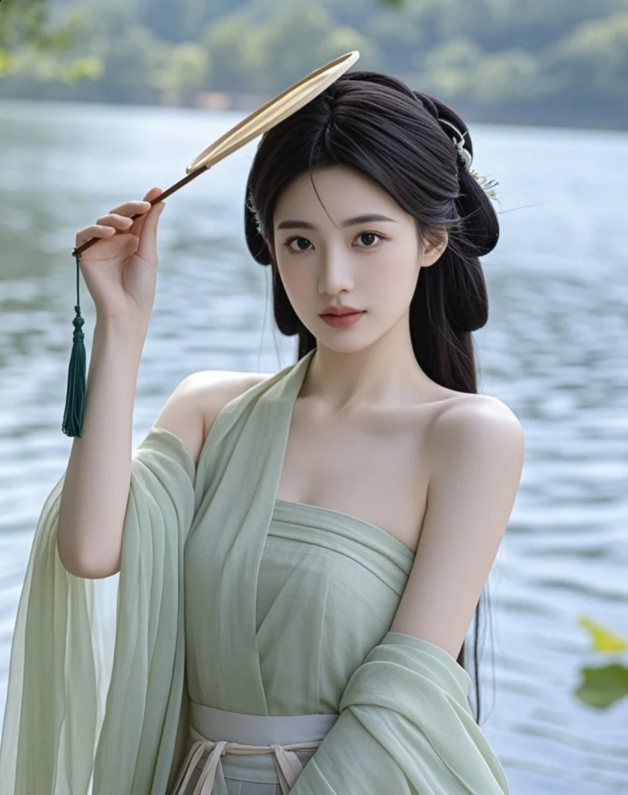 她站在湖边听风，把诗意穿在了身上