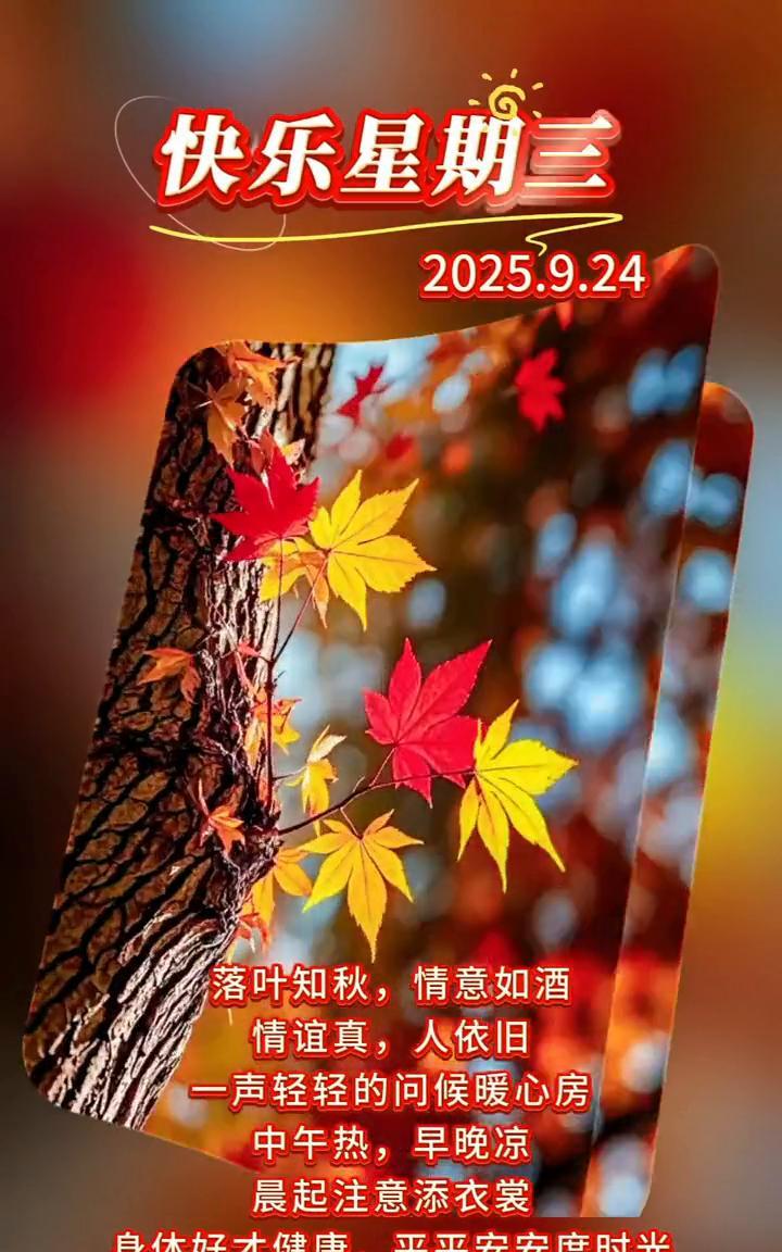 快乐星期三，2025.9.24。
落叶知秋，情意如酒。情谊真，人依旧。一声轻轻的