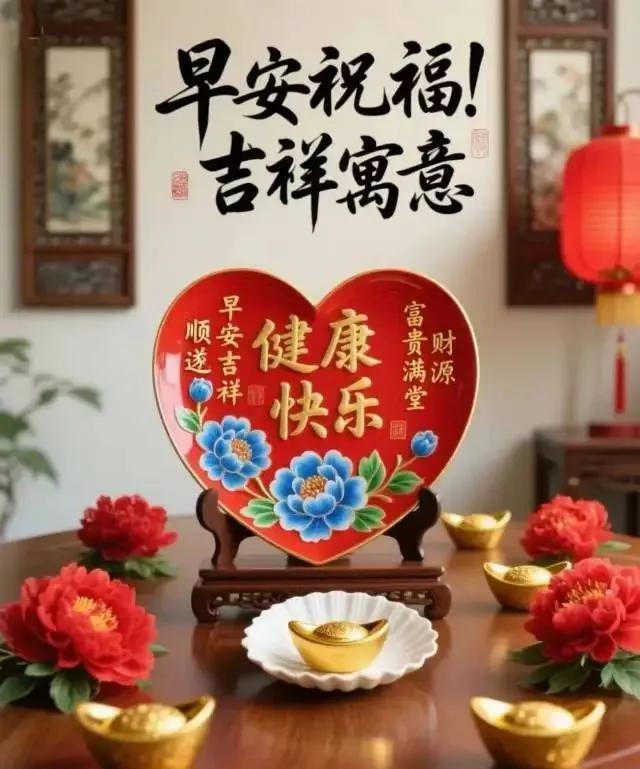 早安吉祥！一声早安，心中暖；一个祝福，快乐添；一屏之隔，心相连；一念之间，永相伴