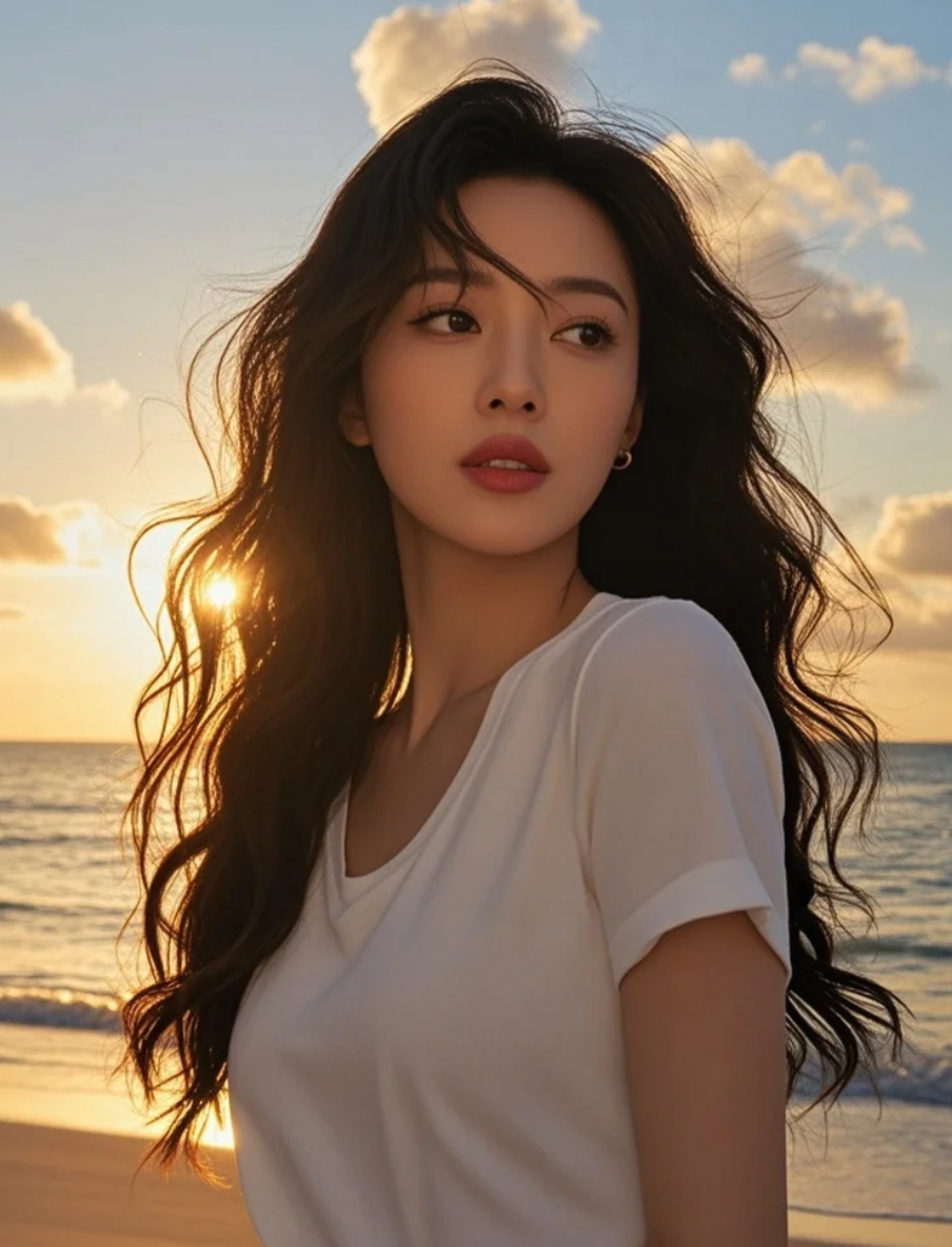 明艳唇色点亮黄昏，她漫步的身影如画般美好