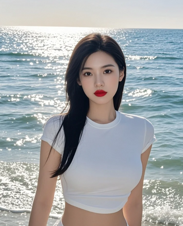 碧海蓝天映红颜，浪花飞溅笑如甜