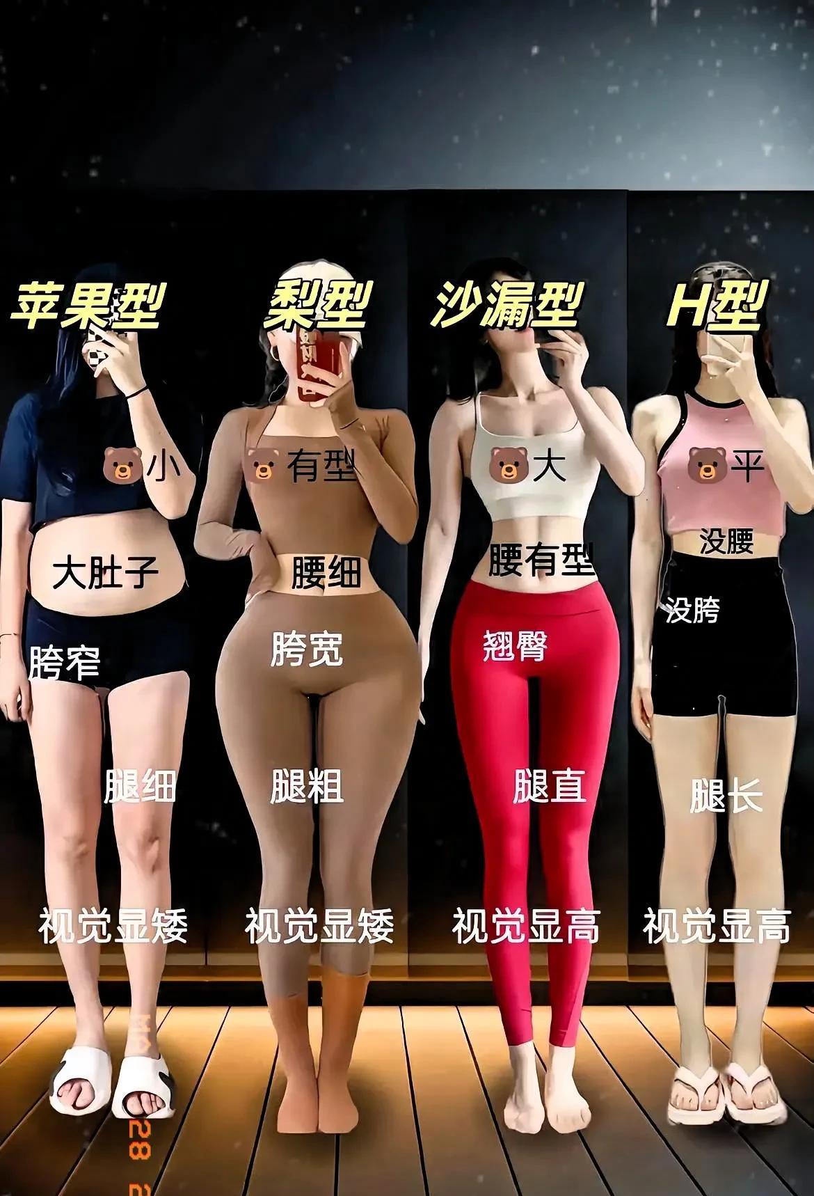 兄弟们，你们喜欢哪种身材？
苹果型、梨型、沙漏型和H型 。
苹果型身材，小肚子藏