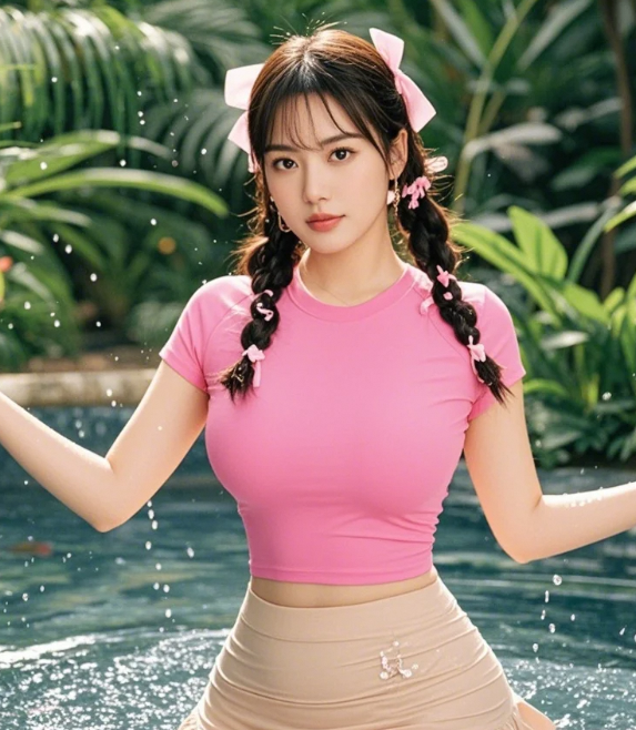 水边佳人背影杀，腰臀比例堪称完美！