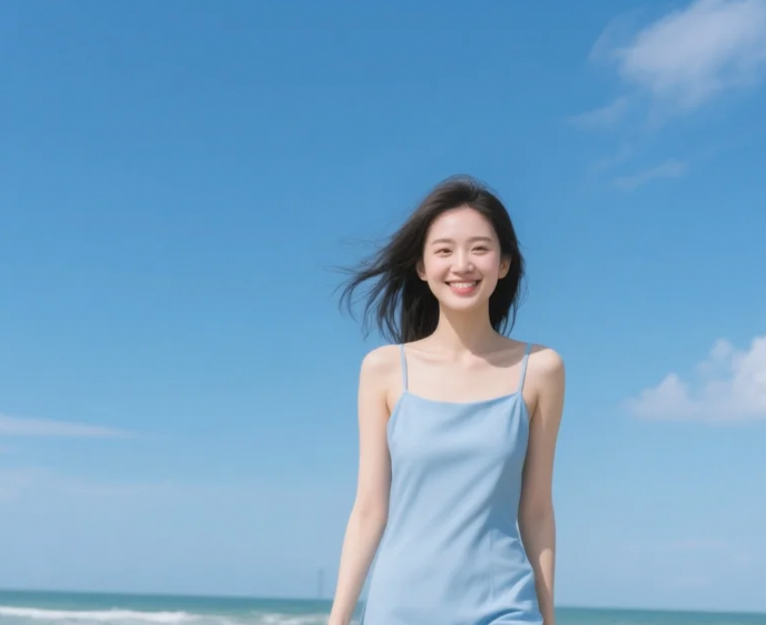 在这片金色的沙滩上，我穿着连衣裙尽情地奔跑，享受着夏日的美好。