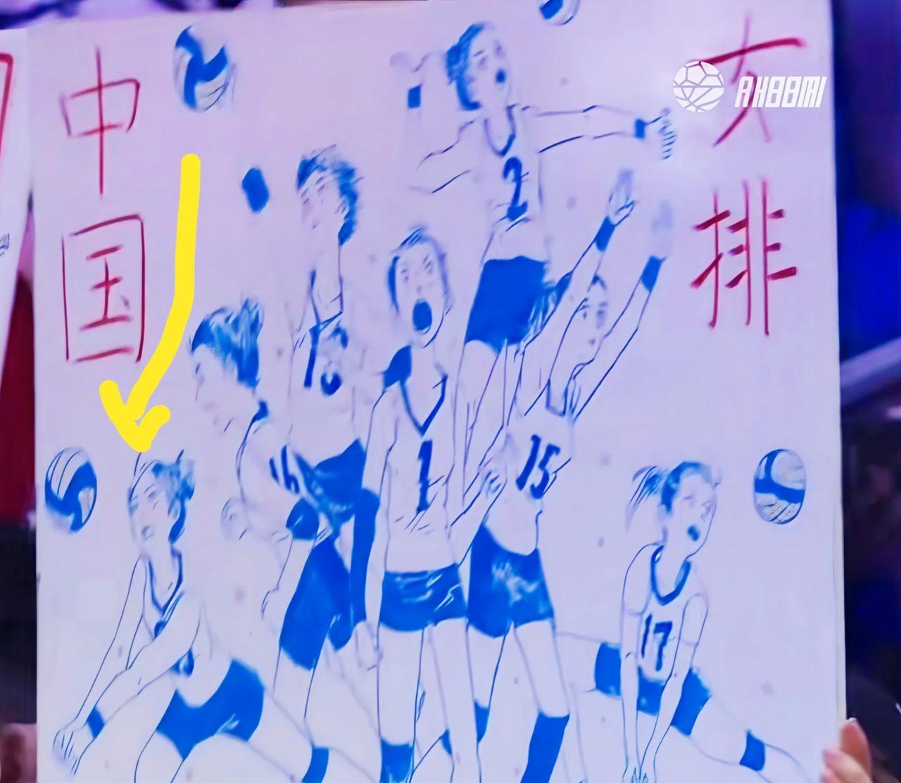 中国女排粉丝自制的应援牌，王媛媛没入围，核心位置是吴梦洁，她两侧有陈厚羽和王奥芊