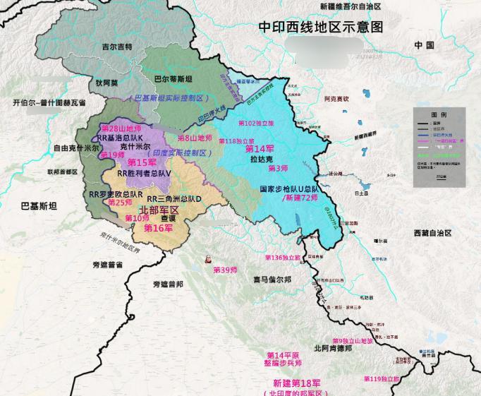 印度军队在克什米尔前线的军队示意图！印度云集了十四军、十五军、十六军以及多个山地