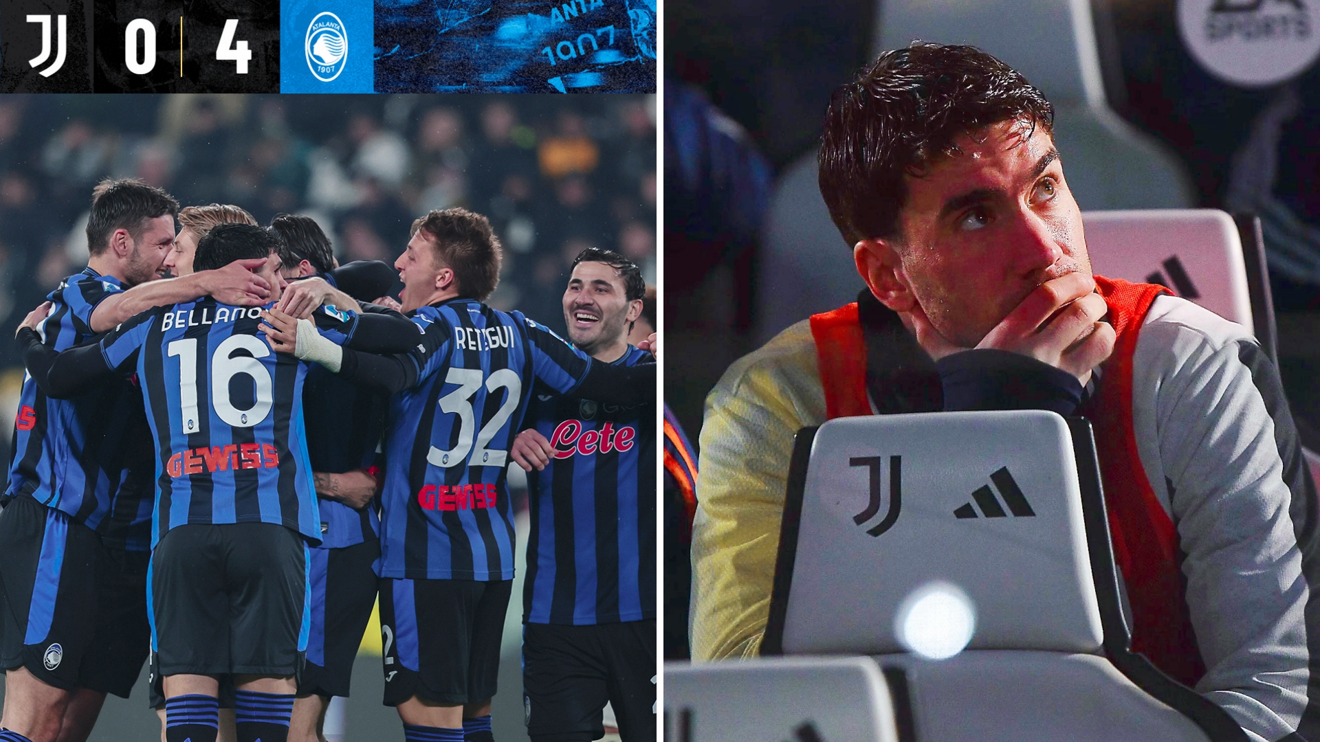 意甲：尤文图斯主场0-4惨败给亚特兰大，五连胜遭终结。
雷特吉点射建功，真蓝黑随