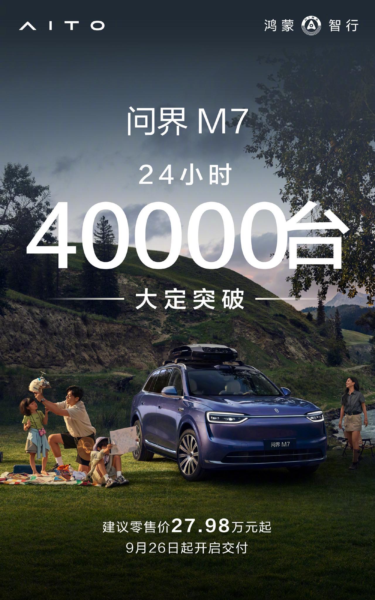 #问界M7一日大定突破4万台#
昨天上市一个小时的时候，大定已经来到了3万台，现