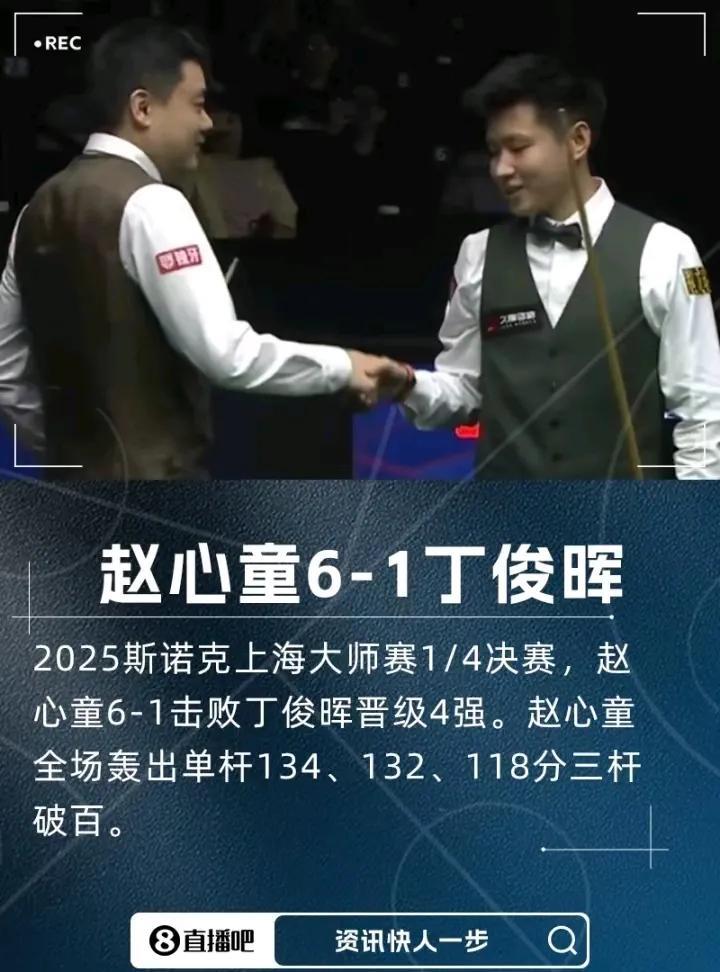 三次单杆破百！赵心童6-1战胜丁俊晖晋级上海大师赛4强
小赵目前在台球界还有3大