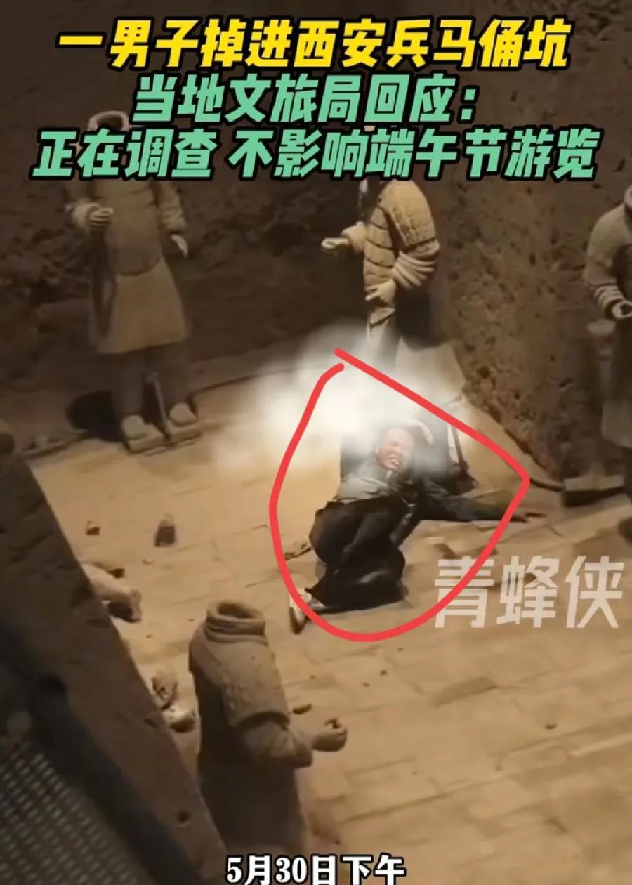 男子掉进兵马俑坑，砸坏两个兵马俑，看面相，黄种人，不是网传的外国洋大人，目测3、