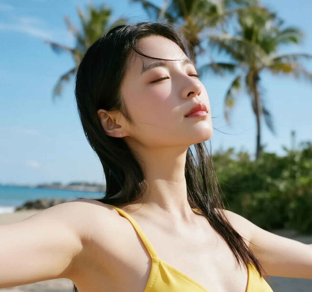 碧海微风，佳人一笑百媚生