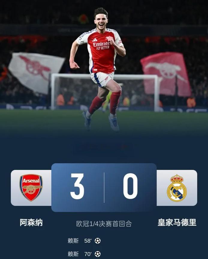 皇马欧冠玄学也抵不过任意球当点球踢的赖斯！
欧冠1/4决赛首回合，阿森纳3-0皇