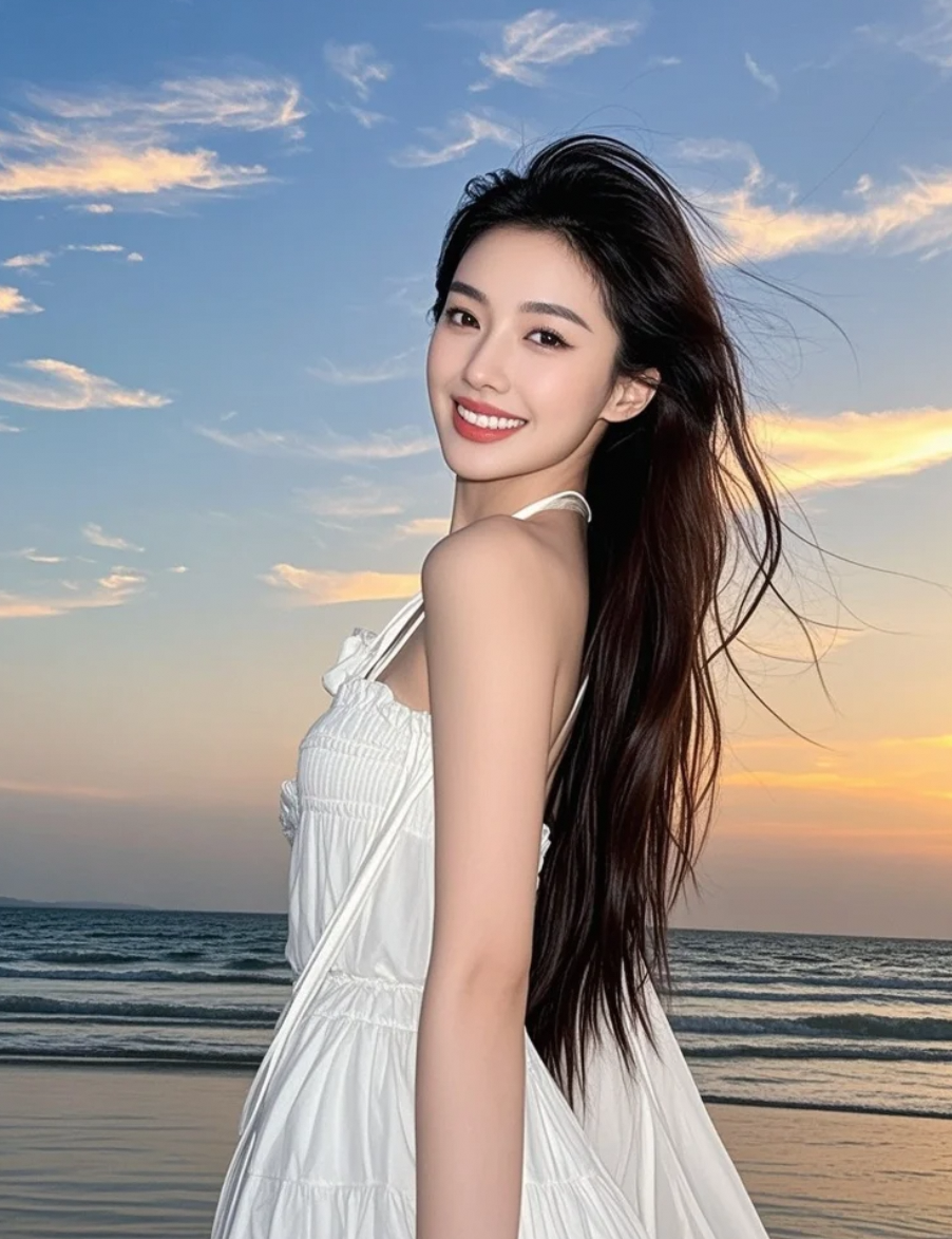 白裙在风中鼓胀，长发在风中散开，如一朵盛开的花