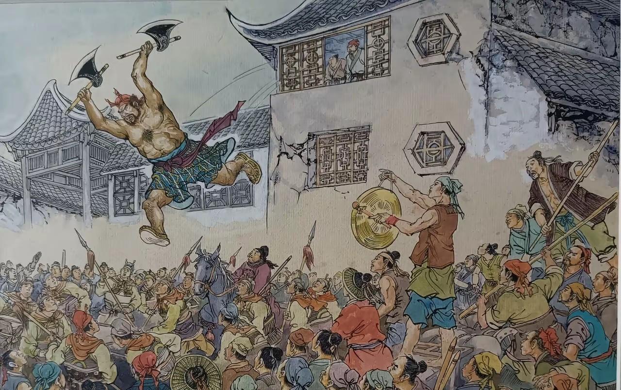 朋友们知道图中这位好汉是谁吗？图一是出自哪段故事中的情节，手持双斧从楼上跃下，一