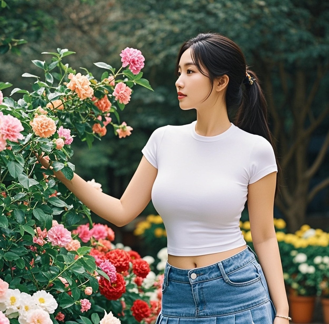 倩影聘婷花畔绕，紧身衣裹媚如潮